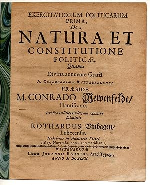 Immagine del venditore per Exercitationum politicarum prima, de natura et constitutione politicae. venduto da Wissenschaftliches Antiquariat K�ln Dr. Sebastian Peters UG