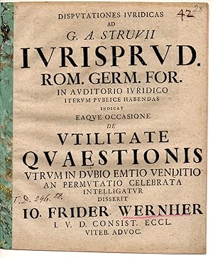 Seller image for Juristische Disputation. De utilitate quaestionis utrum in dubio emtio venditio an permutatio celebrata intelligatur. for sale by Wissenschaftliches Antiquariat K�ln Dr. Sebastian Peters UG