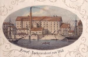 St.Pauli - Dampf-Zuckersiederei von 1848. Kolorierte Lithographie im Oval von Julius Gottheil.