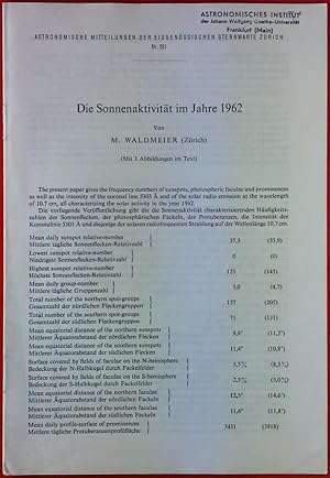 Seller image for Die Sonnenaktivitt im Jahre 1962. Astronomische Mitteilungen der eidgenssischen Sternwarte Zrich Nr. 251. Sonderabdruck. Broschre. for sale by biblion2