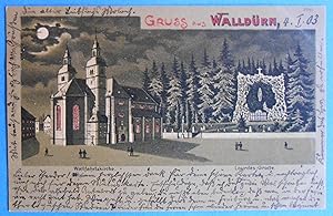 Gruss aus Walldürn. Wallfahrtskirche, Lourdes-Grotte. Farbige Ansichtskarte.