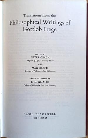 Image du vendeur pour TRANSLATIONS FROM THE PHILOSOPHICAL WRITINGS OF GOTTLOB FREGE mis en vente par Douglas Books