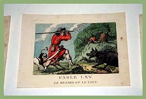 Gravure début XIXème siècle coloriée. FABLE LXV. Le renard et le loup.