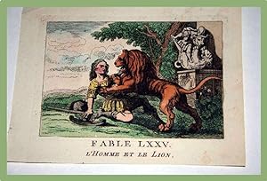 Gravure début XIXème siècle coloriée. FABLE LXXV. L' homme et le lion.