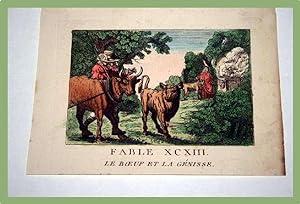 Gravure début XIXème siècle coloriée. FABLE XCXIII. Le boeuf et la génisse.