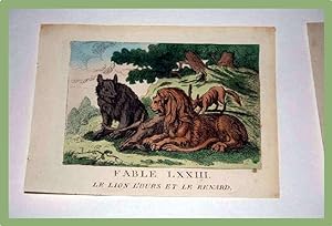 Gravure début XIXème siècle coloriée. FABLE LXXIII. Le lion, l'ours et le renard.