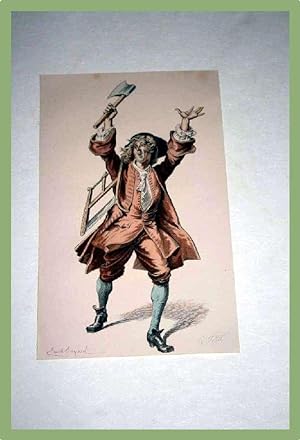 Bild des Verkufers fr Trs belle gravure XIX me aquarelle reprsentant un homme avec une scie et une hche. zum Verkauf von JOIE DE LIRE