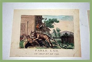 Gravure début XIXème siècle coloriée. FABLE LXII. Le chat et le coq.