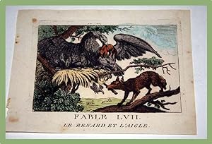 Gravure début XIXème siècle coloriée. FABLE LVII. Le renard et l'aigle.