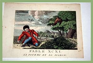 Gravure début XIXème siècle coloriée. FABLE XCXI. La fourmi et le pigeon.