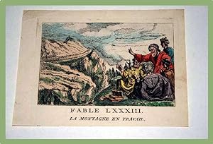 Gravure début XIXème siècle coloriée. FABLE LXXXIII. La montagne en travail.