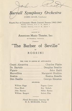 Signed program for a performance of Rossini's Barber of Seville with the Burrall Symphony Orchest...