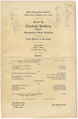 Signed program for a recital of songs and arias by Weber, Debussy, Schubert, R. Strauss, Verdi, a...