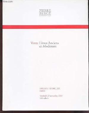 Bild des Verkufers fr VENTE AUX ENCHERES - VENTE LIVRES ANCIENS ET MODERNES -  DROUOT RICHELIEU - 29 NOVEMBRE 2002. zum Verkauf von Le-Livre