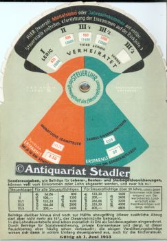 Steueruhr. Rückseitig: Rechner für den Steuersparzins. Gültig ab 1. Juni 1953.