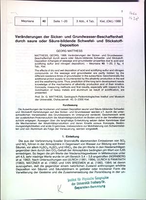 Image du vendeur pour Vernderungen der Sicker- und Grundwasser-Beschaffenheit durch saure oder Sure-bildende Schwefel- und Stickstoff-Deposition. mis en vente par books4less (Versandantiquariat Petra Gros GmbH & Co. KG)