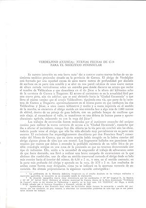 Bild des Verkufers fr VERDELPINO (CUENCA), NUEVAS FECHAS DE C-14 PARA EL NEOLITICO PENINSULAR / 6 PAGINAS ORIGINALES DEL AO 1974, ESTUDIO COMPLETO, TEXTO INTEGRO) zum Verkauf von Libreria 7 Soles