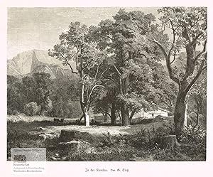 Immagine del venditore per In der Ramsau. Waldlandschaft mit Bauernhaus und Rindern im Schatten vor Felsmassiven. Holzschnitt von Adolf Closs nach Gustav Closs um 1870 venduto da historicArt Antiquariat & Kunsthandlung