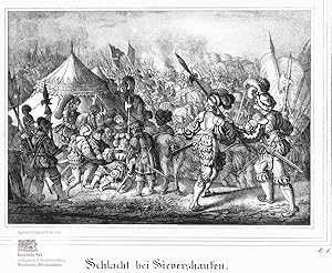 Seller image for Schlacht bei Sievershausen. Der verwundete Kurfrst Moritz von Sachsen inmitten seiner Getreuen im Getmmel der Schlacht von Sievershausen 1553. Original-Kreidelithographie aus Saxonia um 1840 for sale by historicArt Antiquariat & Kunsthandlung