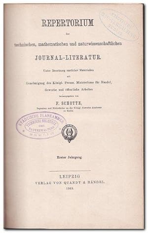Bild des Verkufers fr Repertorium der technischen, mathematischen und naturwissenschaftlichen Journal-Literatur (1. Jahrgang 1869) zum Verkauf von Libro-Colonia (Preise inkl. MwSt.)