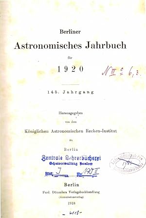 Bild des Verkufers fr Berliner Astronomisches Jahrbuch fr 1920 zum Verkauf von Libro-Colonia (Preise inkl. MwSt.)