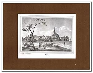 Uhyst am Taucher (Burkau) - Teilansicht mit Kirche - (Original-Lithographie ca. 1840)