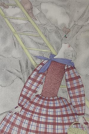 Bild des Verkufers fr La Cueillette. Robe en toile  carreaux (pl.42, La Gazette du Bon ton, 1921 n6) zum Verkauf von Librairie Le Feu Follet