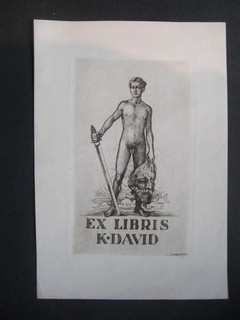 Ex-Libris Schild für K.David. Gezeichnet von H. Holzhey. Nach einer Radierung.