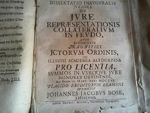 Bild des Verkufers fr Dissertatio inauguralis juridica de jure [iure] repraesentationis collateralium in feudo, . Placido eruditorum examini submittit Johannes Jacobus Bose, Lipsiensis. zum Verkauf von Antiquariat im Schloss