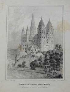 Bild des Verkufers fr Nordwestliche Ansicht des Doms zu Limbourg / La Cthedrale de Limbourg vue de Nord-Ouest. Der Dom von der Lahn aus. Lithographie von Knauth nach Lange bei Lacroix. Im Vordergrund Spaziergnger bei Wind und Regen, mit Regenschirm. zum Verkauf von Antiquariat im Schloss