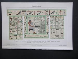 Bild des Verkufers fr Hieroglyphen. Farbige Lithographie. Inschriften und Reliefdarstellung aus dem Grabe des Prinzen Rahotep in Medum, um 2800 v.Chr. zum Verkauf von Antiquariat im Schloss