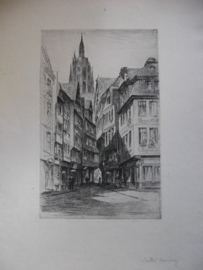 Imagen del vendedor de Originalradierung: Frankfurt am Main. Blick durch die alte Gasse zum Dom. "Wohl" von Walter E. Zeising. Bildgre: 23,5 x 15 cm / Blattgre: 37 x 28 cm. a la venta por Antiquariat im Schloss