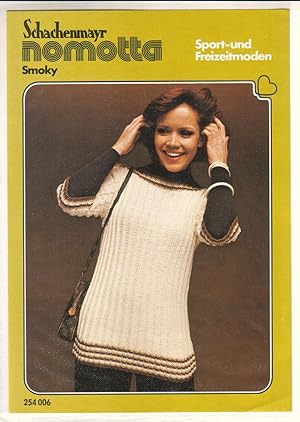 Seller image for Faltprospekt Schachenmayr NOMOTTA Smoky Sport- und Freizeitmoden 254 006 - Modell 254-16 Gestrickter Damenpullover fr Oberweite 90 bis 92 cm, Gre 38/40. Innen die entsprechenden Anleitungen zur Fertigstellung (Material, Hkelnadel, Stricknadel usw.). Zudem sind einige Hinweise auf entsprechenden Zeichnungen angegeben. Schachenmayr, Mann & Cie., GmbH, 7335 Salach/Wrttemberg, Postfach 1160. Vermutlich 1970/1980er Jahre (1 76 JG 80). for sale by GAENSAN Versandantiquariat