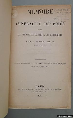 Bild des Verkufers fr Mmoire sur l'ingalit de poids entre les hmisphres crbraux des pileptiques zum Verkauf von Librairie Alain Brieux