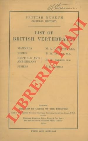 Bild des Verkufers fr List of british vertebrates. zum Verkauf von Libreria Piani