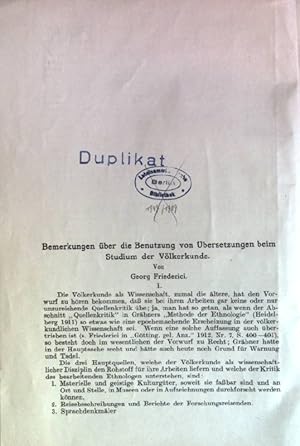 Bild des Verkufers fr Bemerkungen ber die Benutzung von bersetzungen beim Studium der Vlkerkunde Aus: Zeitschrift fr Ethnologie, 60. Jahrgang, Heft 1/3 zum Verkauf von books4less (Versandantiquariat Petra Gros GmbH & Co. KG)