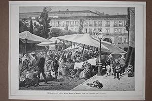 Weihnachtsmarkt auf der Plaza Mayor in Madrid, Holzstich um 1880 mit Abbildung eines regen Marktt...