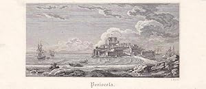 Peñíscola, Castellón, Kupferstich um 1850 mit Blick auf die Stadt an der Mittelmeerküste von J. H...