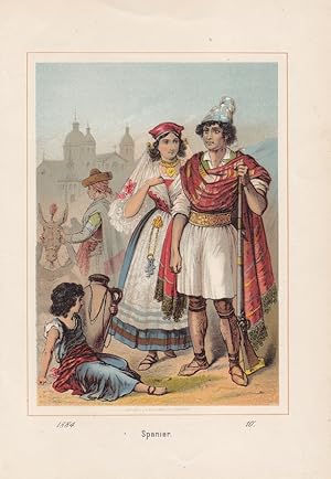 Spanier Trachten, Kostüme, Kleidung, schöne Chromolithographie von 1884, Blattgröße: 22 x 14,5 cm...