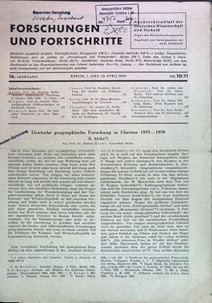 Imagen del vendedor de Deutsche geographische Forschung in bersee 1933-1939; in: 16. Jahrgang Heft 10/11 Forschungen und Fortschritte, Nachrichtenblatt der Deutschen Wissenschaft und Technik. a la venta por books4less (Versandantiquariat Petra Gros GmbH & Co. KG)