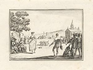 Bild des Verkufers fr Etching of a 17th century couple dancing with a group of musicians performing in the right foreground, a small group of people dancing in the round in the middleground, a church and other buildings in the background. Ca. 1800, after Callot zum Verkauf von J & J LUBRANO MUSIC ANTIQUARIANS LLC