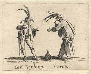 Bild des Verkufers fr Captain Zerbino and Scapino. Etching depicting the two well-known Commedia dell'arte figures in animated conversation over a flagon of wine. Ca. 1630, after Callot zum Verkauf von J & J LUBRANO MUSIC ANTIQUARIANS LLC