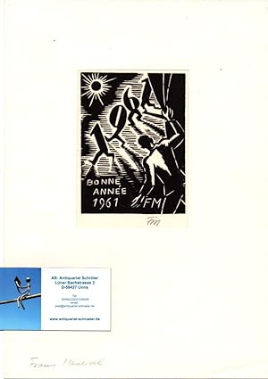 Original-Holzschnitt 'Bonne Année 1961'. Neujahrsgraphik im Passepartout.