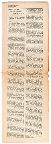 Bild des Verkufers fr (Broadside) Caption title: Defense Society Ends Successful Year of Activity. Report Shows Action Taken Against Enemy Insurance Companies - Disloyal Soap-Box Propagandists - LaFollette zum Verkauf von Between the Covers-Rare Books, Inc. ABAA