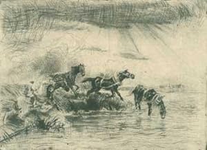 Horseman driving horses to a River.