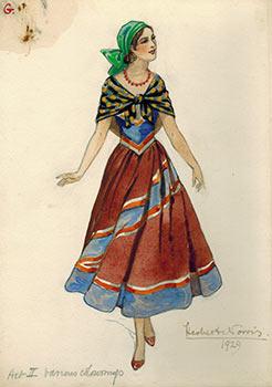 Mexican Woman in a multi-colored dress and kerchief; costume for a circa 1929 play.