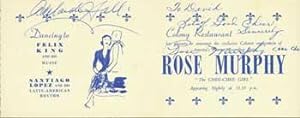 Signed and inscribed Colony Restaurant promotional card by Rose Murphy (the chee-chee girl) and A...