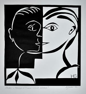 Original Scherenschnitt. - »Studie Homage à Picasso Köpfe schwarz« - Signiert und datiert.