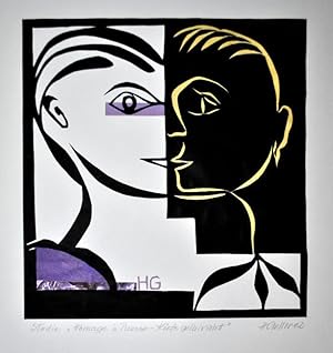 Original Scherenschnitt. - »Studie Homage à Picasso Köpfe gelb/violett« - Signiert und datiert.