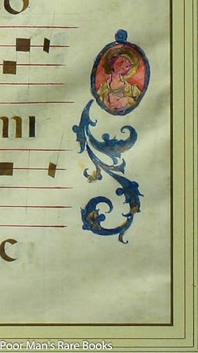 LARGE MANUSCRIPT CHRISTIAN CHOIR BOOK LEAF ON VELLUM WITH PORTRAIT Lbc: Not Attributed